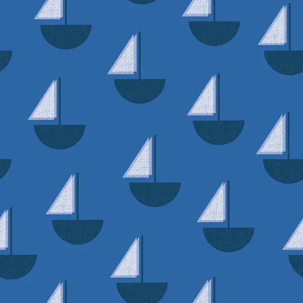 Парусники голубой и белый бесшовный векторный рисунок. Текстурные лодки с винтажным экраном. Современный ар-деко фон. Простой морской фон . — стоковый вектор