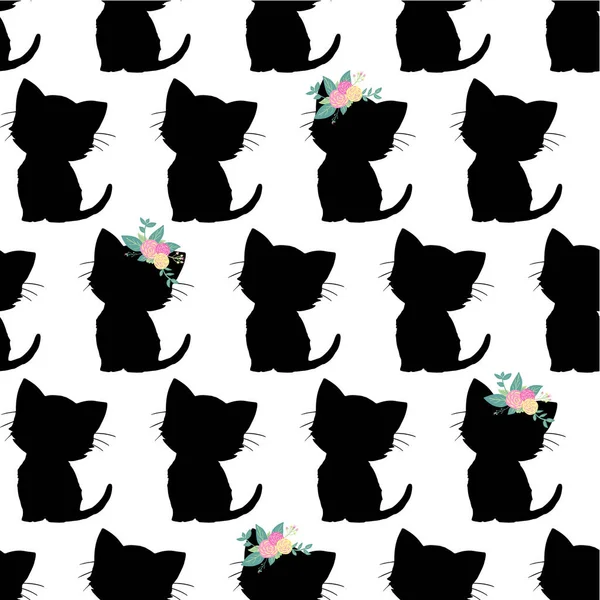Απρόσκοπτη διάνυσμα μοτίβο με χαριτωμένο μαύρη γάτα σιλουέτες σε μαύρο φόντο. Μονόχρωμη παιδιά σχεδιασμό. Γατάκι με λουλούδια στο κεφάλι. Για την διακόσμηση του δωματίου για τα παιδιά, τα παιδιά ύφασμα, κορίτσι διακόσμηση κάρτα, νηπιαγωγείο — Διανυσματικό Αρχείο