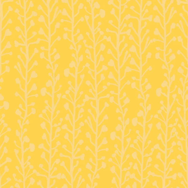 Nature jaune texture fond. Modèle vectoriel sans couture de plantes abstraites dans des teintes jaunes. Branches et feuilles poussant verticalement. Texture feuilletée subtile pour tissu d'été, remplissage de page — Image vectorielle