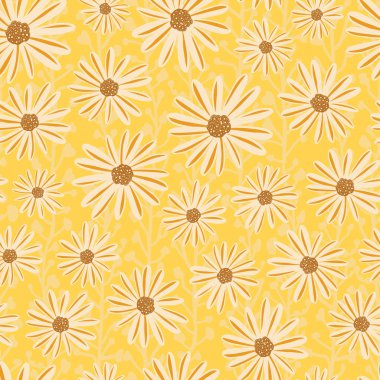 Papatya çiçekler sorunsuz vektör desen yineleyin. Sarı zemin üzerine beyaz papatya çiçekler. Çağdaş mevsimlik davranışıydı çiçek tekrar kiremit. Elle çizilmiş retro tasarım yaz kumaş, dekor, kağıt için