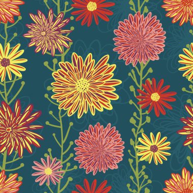 Daisy ve Aster çiçek Dikişsiz desen vektör. Parlak kırmızı pembe mor sarı çiçek mavi zemin üzerine. Çağdaş mevsimlik çiçek tekrar kiremit. Elle çizilmiş tasarım kumaş, ev dekorasyonu, kağıt için