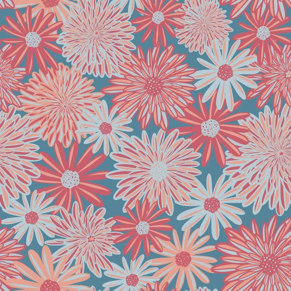 Fleurs corail rose et bleu Daisy et Aster motif vectoriel sans couture. Fond floral. Fleurs saisonnières contemporaines répètent tuile. Design rétro dessiné à la main pour tissu, bannières, décor à la maison, papier peint — Image vectorielle