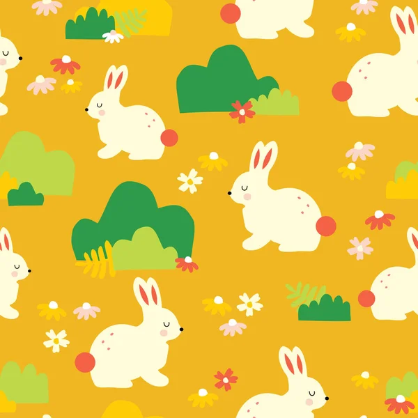 Cute bunny vector pattern. Seamless background white bunnies on a flower meadow — Stock Vector