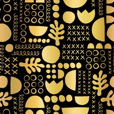 Siyah dikişsiz vektör arka plan üzerinde altın folyo geometrik şekiller. Metalik altın yaprak bitki ve soyut şekiller desen