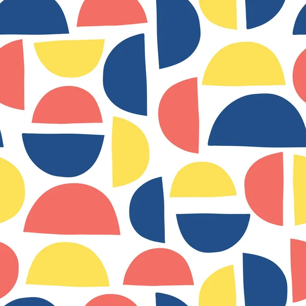 Forma abstracta patrón de los niños. Semicírculos sin costura vector fondo azul rojo amarillo sobre blanco — Archivo Imágenes Vectoriales