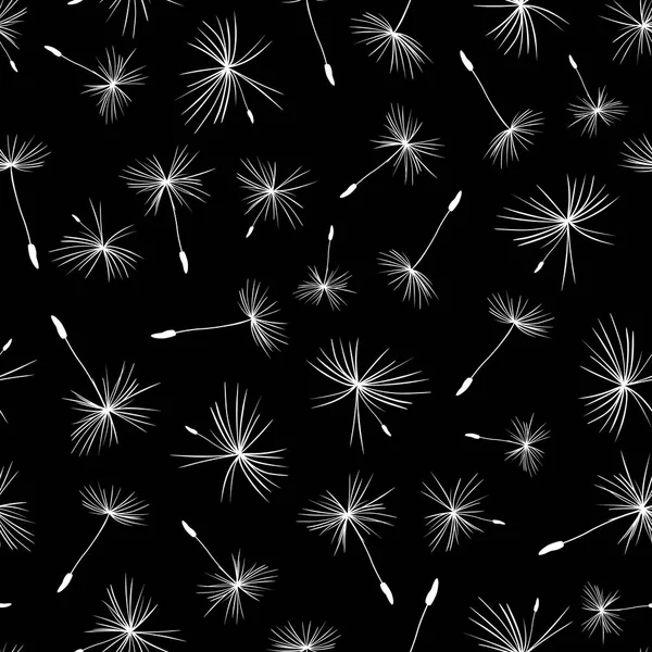 White Dandelion seeds on black background seamless vector repeat pattern — ストックベクタ