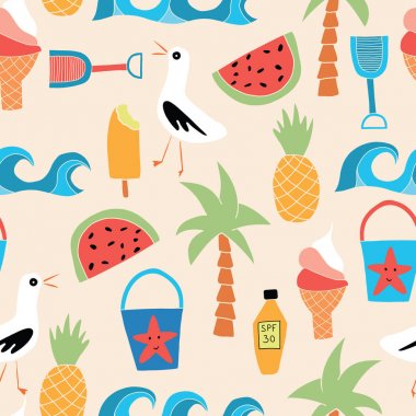 Summer Beach simgeleri düz dikişli vektör desen arka plan