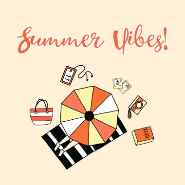 Yaz titreşimleri slogan vektör illüstrasyon. Güneşlenen kadının havadan görünümü