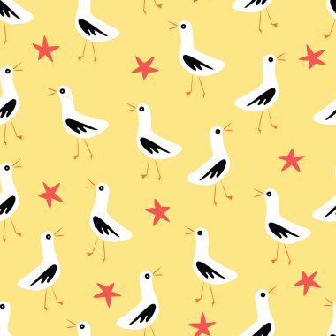 Sahilde martılar ve denizyıldızı dikişsiz vektör desen sarı