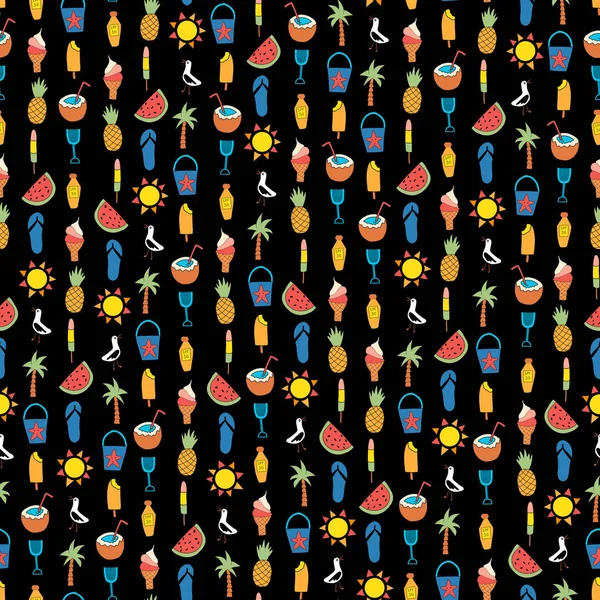 Летние иконы бесшовные векторные рисунки черного цвета. Повторяющиеся задний план с арбузом, эскимо, ананас, кокос, мороженое конус, пальма, чайка, сандалии флипфлоп, солнцезащитный крем — стоковый вектор
