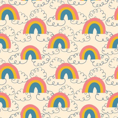 Gökkuşağı ve bulutlar dikişsiz vektör desen çocuklar