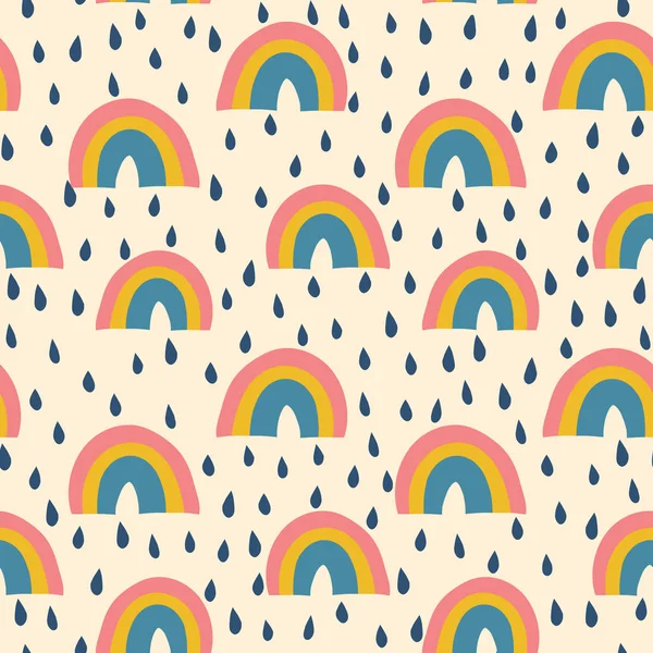 Rainbows and raindrops seamless vector pattern vintage style — Stock Vector