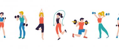 Fitness egzersiz karakterleri dikişsiz vektör illüstrasyon sınır. Spor kulübü spor salonu vücut geliştirme powerlifting sağlık eğitimi halter barbell yoga ip atlama. Sağlıklı yaşam tarzı. 