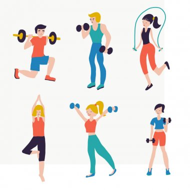 Vektör illüstrasyon ayarlamak insanlar fitness egzersiz egzersizleri. Spor kulübü spor salonu vücut geliştirme powerlifting sağlık eğitimi halter barbell yoga ip atlama. Sağlıklı yaşam tarzı. Crossfit izole düz simgeler