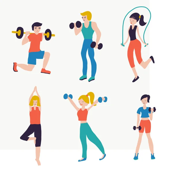 Ilustração vetorial definir as pessoas exercícios de fitness. Esporte clube ginásio musculação powerlifting saúde formação halteres barra ioga salto corda. Estilo de vida saudável. Ícones planos isolados Crossfit — Vetor de Stock