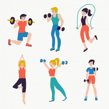 Vektör illüstrasyon ayarlamak insanlar fitness egzersiz egzersizleri. Spor kulübü spor salonu vücut geliştirme powerlifting sağlık eğitimi halter barbell yoga ip atlama. Sağlıklı yaşam tarzı. Crossfit izole düz simgeler