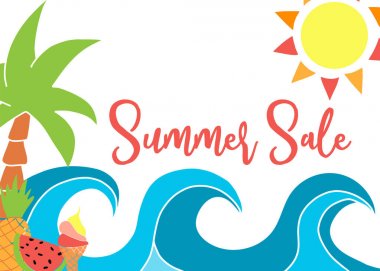 Vektör çizimleri ile Yaz Satış şablonu. Dalgalar, güneş, palmiye ağacı, ananas, karpuz, dondurma konisi