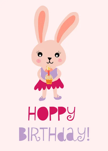 Çocuklar doğum günü kartı için Happy birthday bunny sevimli vektör illüstrasyon. Bir mum ile bir cupcake tutan tavşan ile Hoppy doğum günü. — Stok Vektör