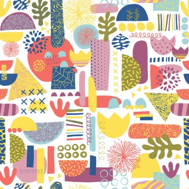 Soyut çağdaş şekiller dikişli vektör arka plan. Desen kiremit. Çocuklar için modern el çizilmiş kolaj tasarımı, ev dekorasyonu, afiş, yüzey desen tasarımı. 