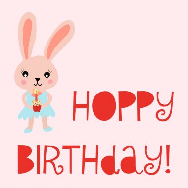 Çocuklar doğum günü kartı için Mutlu doğum günü kartı bunny sevimli vektör illüstrasyon. Bir mum ile bir cupcake tutan tavşan ile Hoppy doğum günü. 