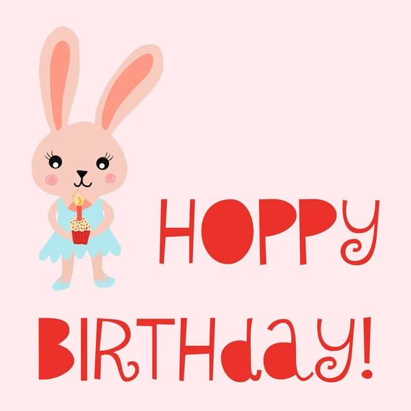 Gelukkige verjaardag kaart Bunny cute vector illustratie voor kinderen verjaardagskaart. Hoppy verjaardag met konijn houden een cupcake met een kaars. — Stockvector