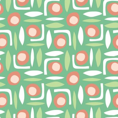 Soyut şekiller dikişsiz retro vektör desen kağıt kolaj tarzı yeşil beyaz turuncu kesip