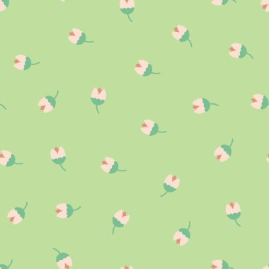 Halk çiçekleri sorunsuz vektör arka plan tekrar. Yeşil üzerine pembe. İskandinav lale çiçekleri. Dağınık küçük çiçek desen. Kumaş, kız, kreş, sayfa dolguları, ambalaj, dijital kağıt için
