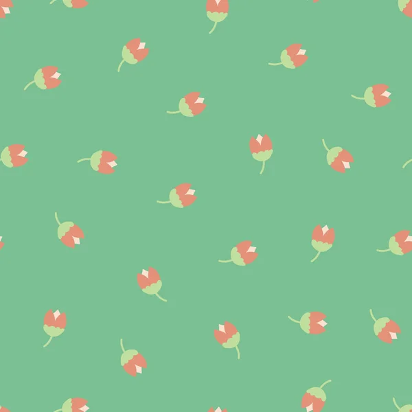 Espalhadas flores ditsy verde rosa padrão vetor sem costura. Flores folclóricas pequenas repetindo fundo. Tulipas escandinavas. Tecido, meninas, berçário, preenchimento de página, embalagem, papel digital . —  Vetores de Stock