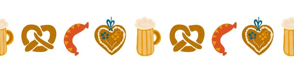 Oktoberfest alimentos sin fisuras vector de frontera ilustración. Fiesta del festival de la cerveza repitiendo pancarta. Vaso de cerveza, salchichas, corazón de jengibre, pretzels. Para invitación, volante, póster, tarjeta — Archivo Imágenes Vectoriales