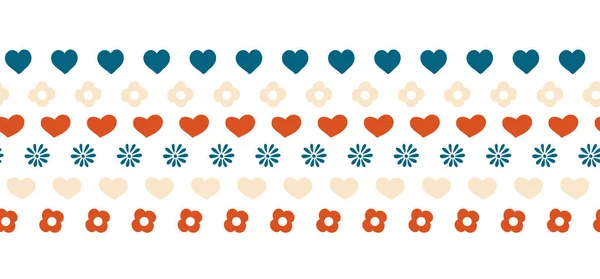 Corazones y flores borde sin costuras vector dibujado a mano ilustración. Arte popular repitiendo frontera. Borde infantil simple en azul rojo y blanco . — Archivo Imágenes Vectoriales