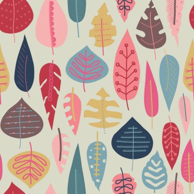 Sonbahar soyut doodle arka plan bırakır. İskandinav tarzı dikişsiz vektör deseni. Kırmızı pembe altın mavi yaprak elemanları illüstrasyon. Sonbahar dekorasyon, Şükran kartı, kumaş, çocuk tekstil için kullanın