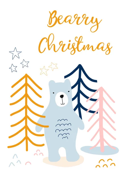 Tarjetas de felicitación navideñas. Saludos navideños de estilo escandinavo. Oso en el bosque ilustración vectorial dibujado a mano. Berry Christmas. Linda plantilla de tarjeta de Navidad para niños — Vector de stock