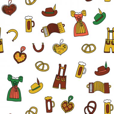 Oktoberfest dikişsiz vektör arka plan. Oktoberfest yinelenen desen. Geleneksel Alman simgeleri. Bavyera birası, Lederhosen, Dirndl, zencefilli kalp, sosis, kraker, ambalaj, kumaş, kartlar için 