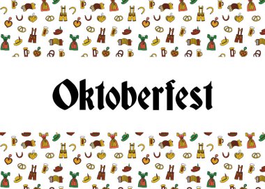 Oktoberfest parti poster tasarım şablonu. Vektör illüstrasyon. Bira festivali parti afişi. Geleneksel Alman Lederhosen , Dirndl, Bira bardak, akordeon, kraker, sosis. Davet el ilanı.