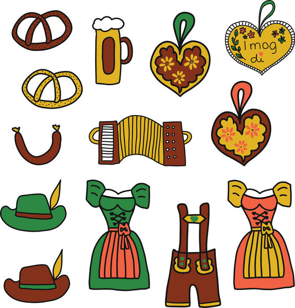 Oktoberfest vector icon set. Oktoberfest doodle illustration. Traditional German icons. Bavarian beer, Lederhosen, Dirndl, gingerbread heart, sausage, pretzels, accordion