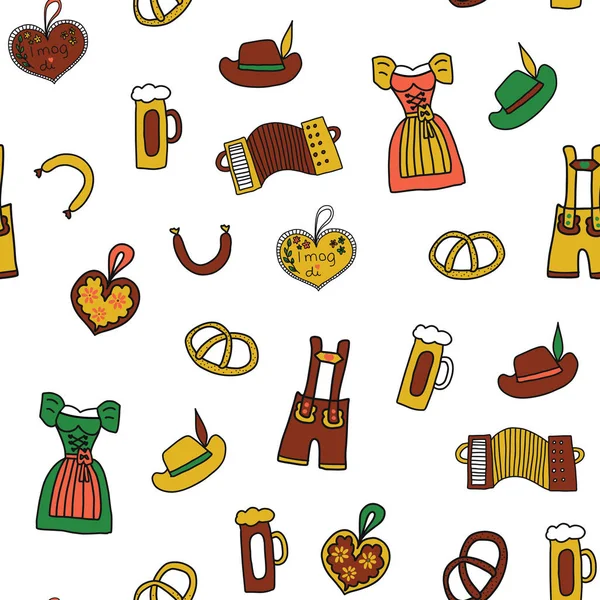 Oktoberfest seamless vector background. Oktoberfest repeating pattern. Traditional German icons. Bavarian beer, Lederhosen, Dirndl, gingerbread heart, sausage, pretzels, For packaging, fabric, cards — Stock Vector