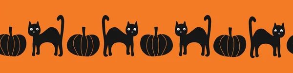 Seamless vector border Halloween black cats and pumpkins. Repeating border cute hand drawn cats pumpkin illustration for kids party decor, ribbons, banners, invitations, scrap booking, digital paper — Stock Vector