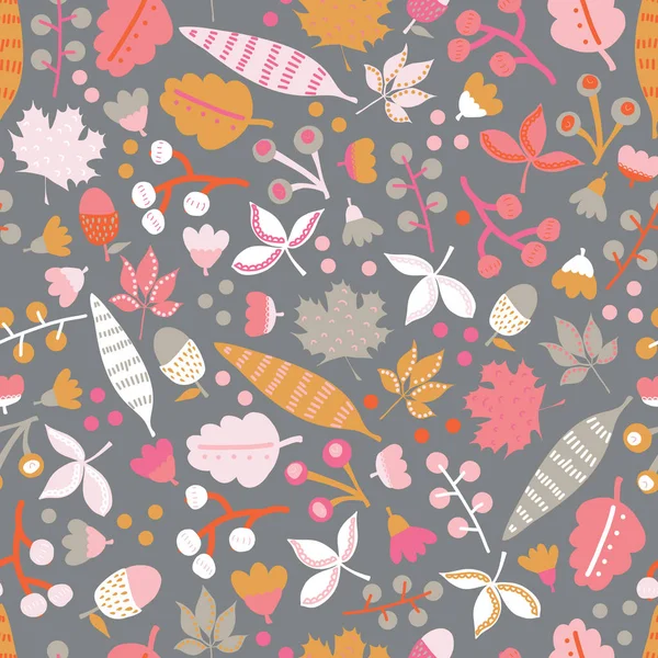 Skandinavische Blumen und Blätter nahtlosen Vektorhintergrund. rosa orange weiß grau florale Elemente auf dunklem Hintergrund. — Stockvektor