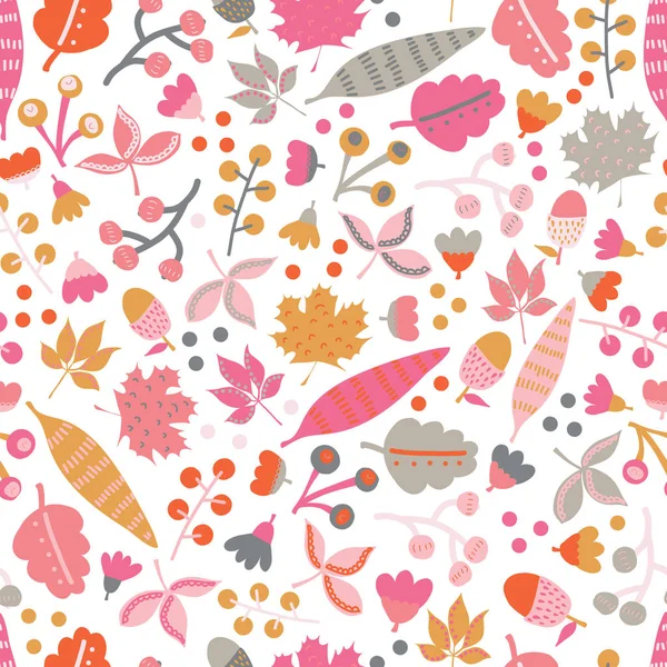 Naadloze vector patroon Fall doodle verlaat. Scandinavische stijl herhalende herfst patroon. Rood roze goud grijs blad illustratie. Gebruik voor herfst decoratie, Thanksgiving kaart, stof, kinderen textiel — Stockvector