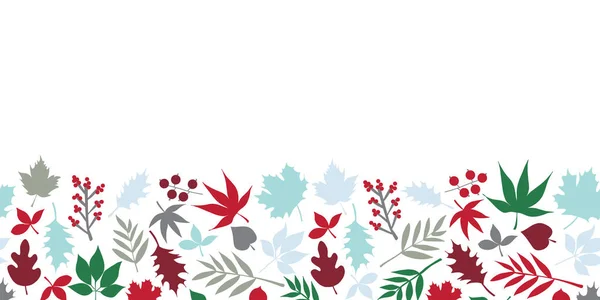 겨울은 원활한 벡터 테두리를 남깁니다. 스칸디나비아 스타일의 반복 낙서 패턴. 빨간 녹색 파란색 잎 그림입니다. 겨울 장식, 크리스마스 카드, 직물, 리본, 배너 — 스톡 벡터
