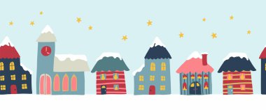 Çocuk karikatür tarzında sevimli el çizilmiş ev ile Dikişsiz Vektör sınır. Kar yinelenen illüstrasyon ile Kış şehir manzarası. Dekor için yatay Noel tatili sınırı, tebrik kartları, kurdeleler,