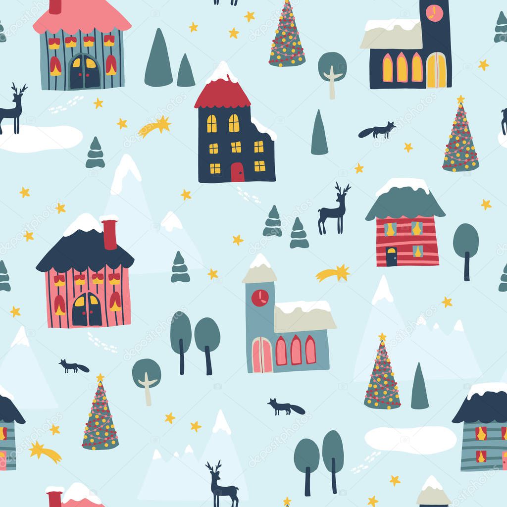 Seamless vector pattern Winter Christmas town. Holiday repeating background Scandinavian cartoon style. Snow covered Houses, church, tree, deer. For wallpaper, gift wrap, greeting card, fabric
