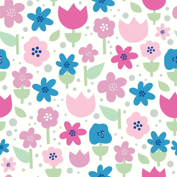 斯堪的纳维亚花卉无缝矢量图案。粉红色、紫色和蓝色在白色背景上的扁平风格花卉。儿童面料装饰复古印花，表面装饰, — 图库矢量图片
