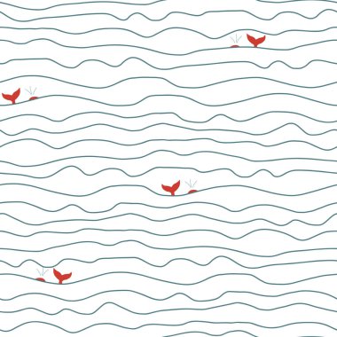 Okyanustaki balinalar soyut dalgalar ve çizgiler sorunsuz vektör deseni. Elle çizilmiş arka plan deniz doodle çizgileri. Okyanus hayvanı arka planını tekrarlıyor. Balık kuyrukları sudan çıkıyor. Kumaş, dekor