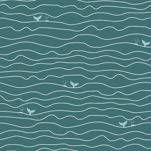 Océano ondas abstractas y ballenas patrón de vectores sin fisuras. Fondo dibujado a mano azul y verde azulado líneas de garabatos marinos. Repetir el telón de fondo de los animales marinos. Colas de pescado sobresaliendo del agua. Tela, decoración — Vector de stock