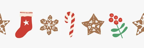 크리스마스 원활한 벡터 테두리입니다. 반복 휴일 디자인 손으로 그려져 있습니다. 진저 브레드 스타 쿠키, 사탕 지팡이, 스타킹, 홀리 베리. 카드 장식, 리본, 트림, 파티 초대, 키즈 축 하 — 스톡 벡터
