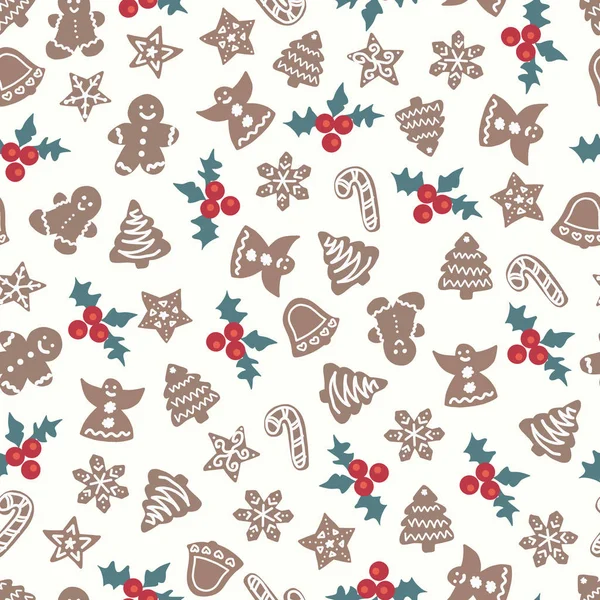 Vánoční perník sušenky bezproblémový. Sváteční strom pozadí, zvonek, anděl, cukrová třtina, vločka. Vánoční textura pro povrchové návrhy, tapety, tkaniny, balicí papír — Stockový vektor