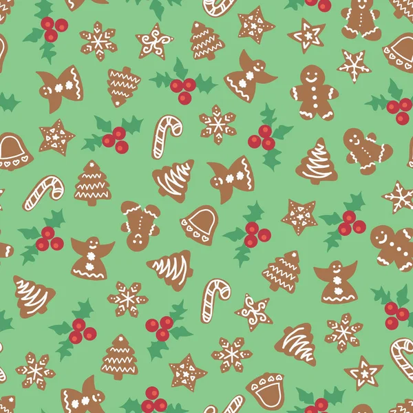 Vánoční sušenky bezproblémový vektorový podklad. Prázdninový vzorek perník, zvonek, anděl, cukrová třtina, vločka. Vánoční textura pro povrchové návrhy, tapety, tkaniny, balicí papír — Stockový vektor