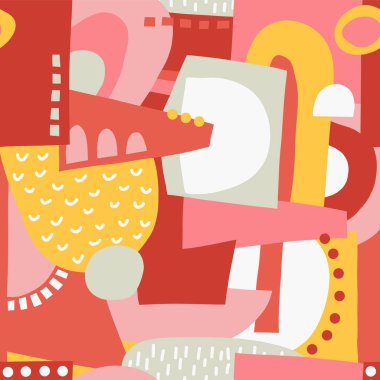 Kusursuz desenler soyut şekiller kolaj vektörü pembe sarı kırmızı. Modern geometrik arkaplan kadınsı renkler kumaş, tekstil, duvar kağıdı, kartpostal tasarımı. Scandi tarzı, Bauhaus, ev dekorasyonu.