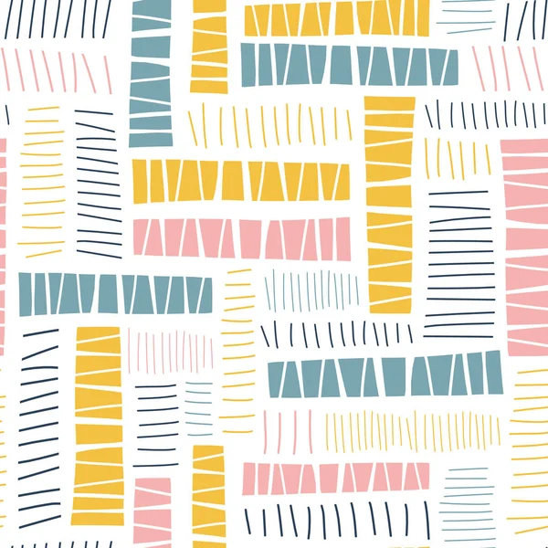 Geometriska handritade abstrakta rektangel block former sömlös vektor mönster. Upprepa bakgrund blå, rosa, gult papper skära ut collage stil — Stock vektor